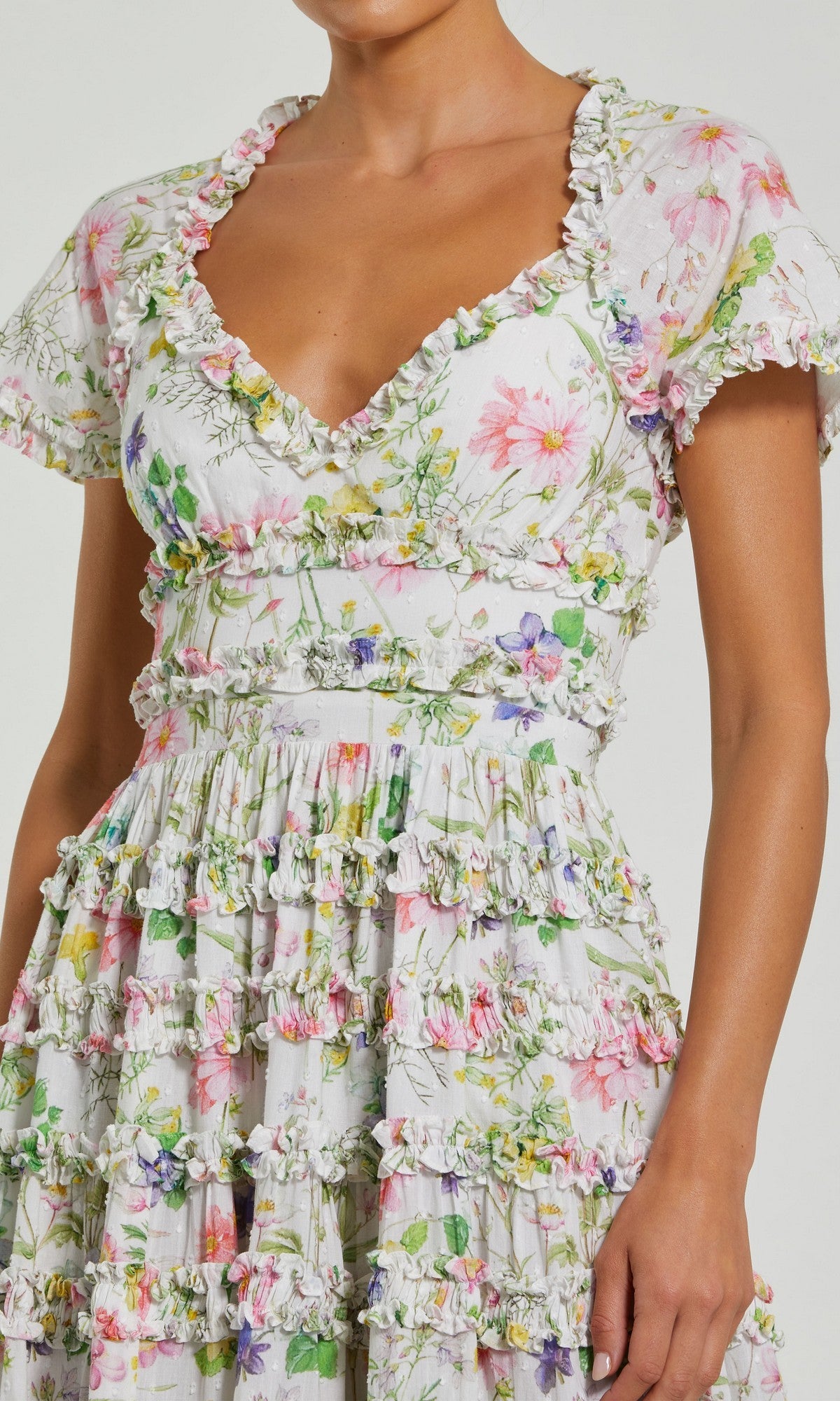 The Midi Wedding Guest Dress: Mac Duggal 8079 features a white floral cotton design with ruffled details and a fit-and-flare silhouette, blending elegance and charm in Mac Duggal’s signature style.